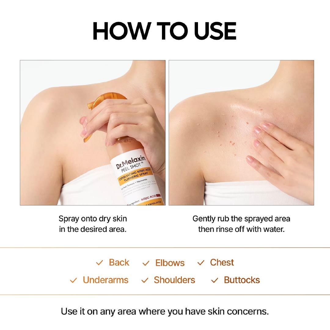 Peel Shot Keratin Care Kojic Acid Turmeric Spray 100ml Pore Clearing Exfoliating Formula Skin Repair Scrub