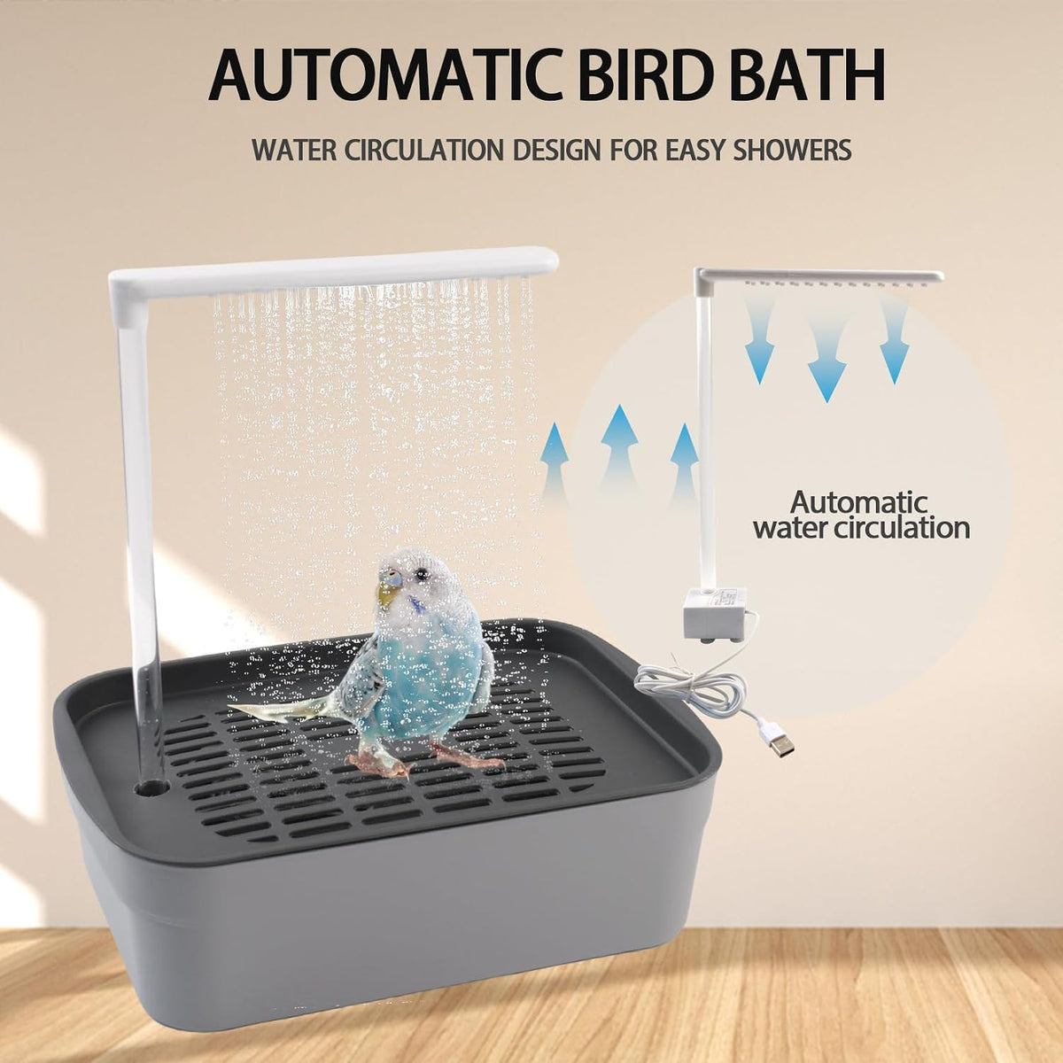 Automatic Bird Bath Shower for Cage,Parrot Bath Box with Pump,Parakeet Bathtub Electric Fountain Circulating Water Contains USB Power Plug for Cockatiel Lovebird Conure Budgie(Gray)