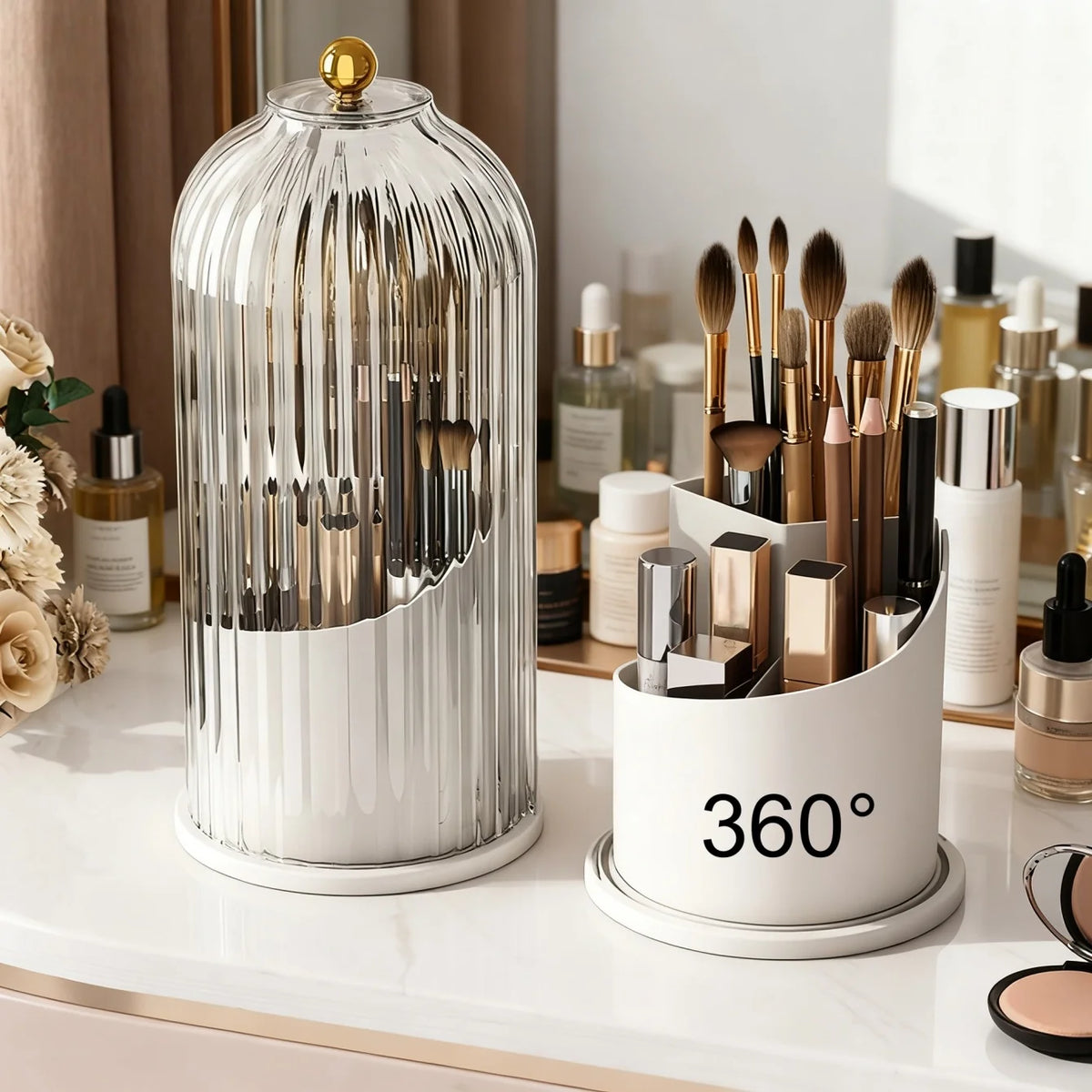 Makeup Brush Holder with Lid Clear Dustproof Make up Organizers for Vanity Bathroom Countertop 360° Rotating