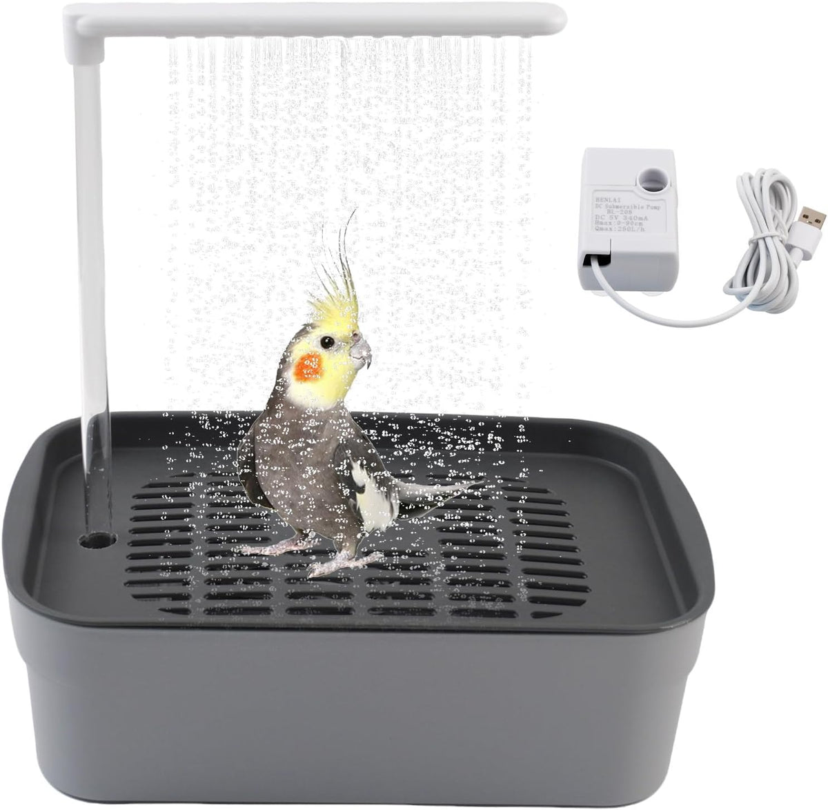 Automatic Bird Bath Shower for Cage,Parrot Bath Box with Pump,Parakeet Bathtub Electric Fountain Circulating Water Contains USB Power Plug for Cockatiel Lovebird Conure Budgie(Gray)