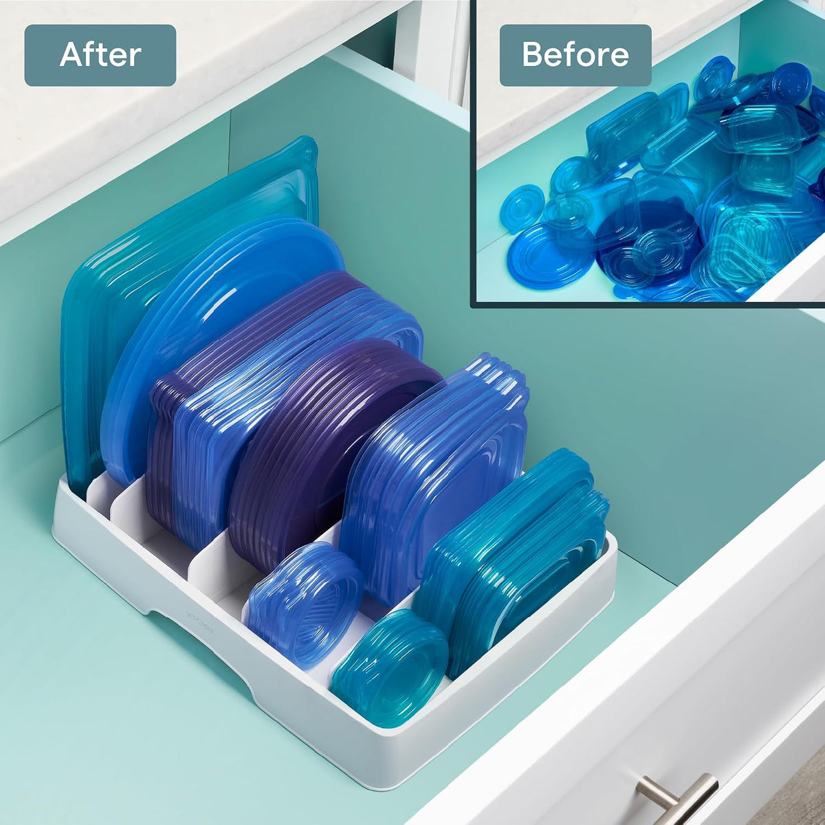Adjustable Food Container Lid Organizer | A Clearer Kitchen, Every Day