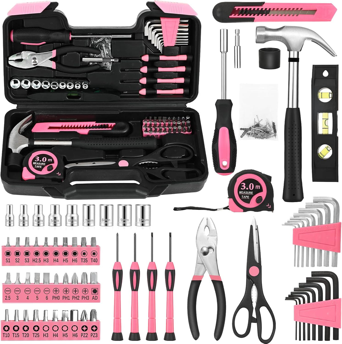 144-Piece Pink Household Tool Set | Everyday Fixes in One Case