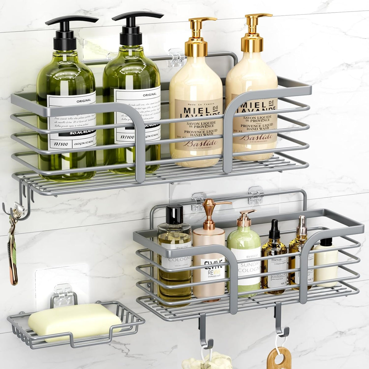 Shower Organizer with Soap Holder and Hooks for Bathroom (Black)