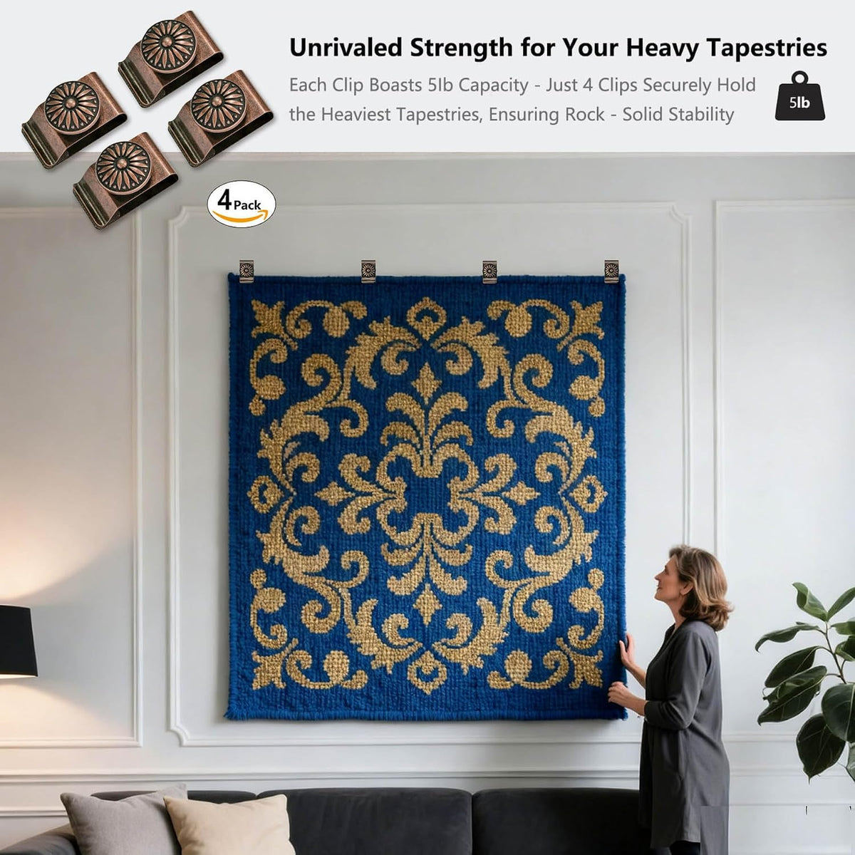 Tapestry Wall Hanging Clamps 4PCS 1.2X2.0 Textile Art Decoration Hangers Metal Clips for Hanging Rugs Carpet Display (Copper)