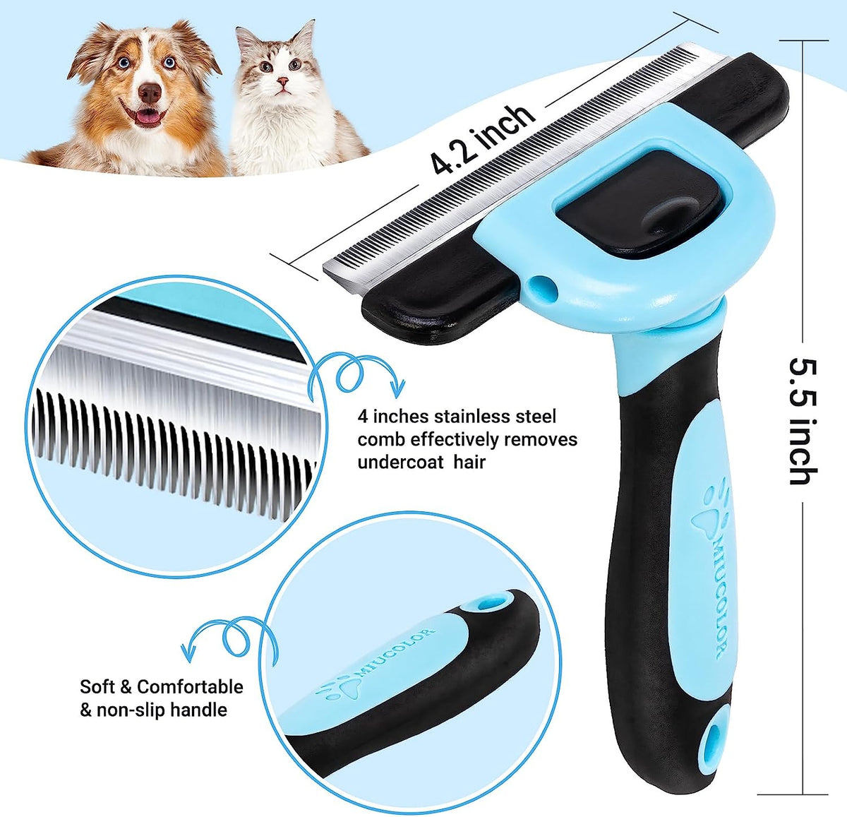 Pet Grooming Brush, Deshedding Tool for Dogs & Cats, Blue