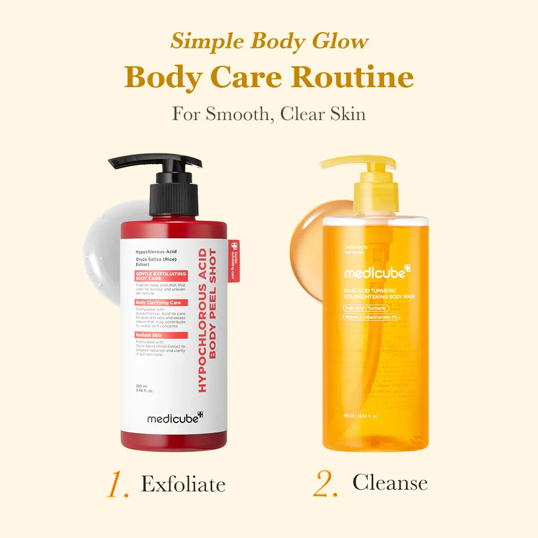 [Medicube] Smooth & Clear Body Care Set | Hypochlorous Acid Body Peel Shot, Kojic Acid Turmeric Body Wash, Toner Pad, Toner, Mist | Exfoliating for Dead Skin Cells & Excess Sebum & Clearing for after Spots, Texture & Uneven Skin Tone | K-Beauty