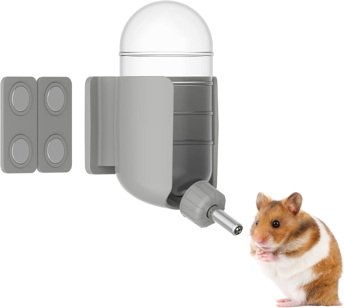 Hamster Water Bottle with Magnetic Holder, Freestanding Water Bottle for Glass Tanks, Suitable for Syrian Dwarf Hamsters Gerbils Mice Rats Degus (Grey, 4 Oz (Magnetic-Mounted))
