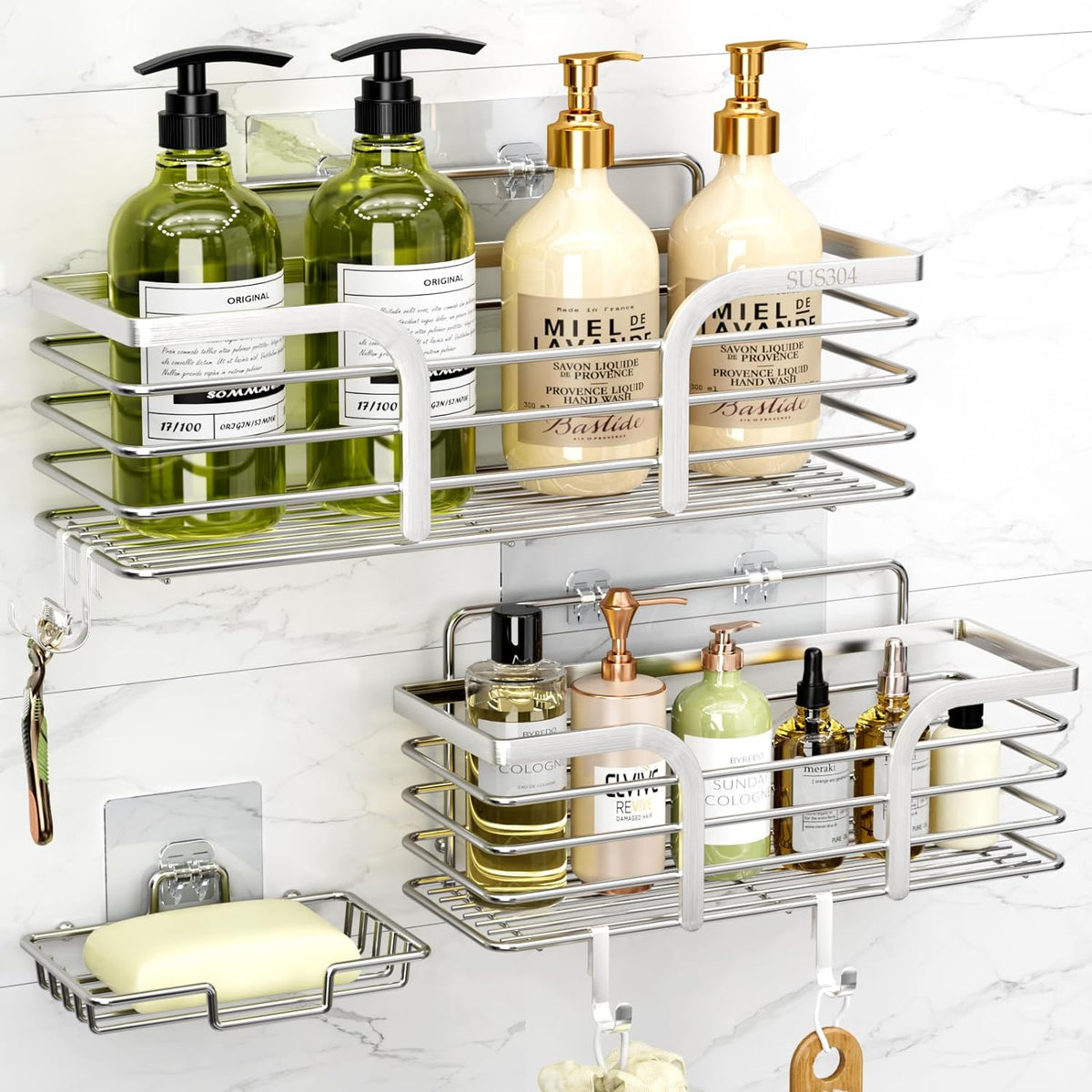 Shower Organizer with Soap Holder and Hooks for Bathroom (Black)