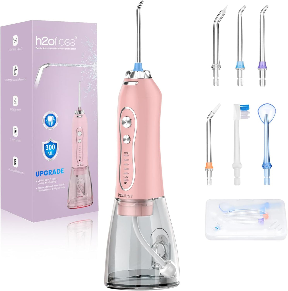 Water Dental Flosser Teeth Pick -Portable Oral Irrigator with 5 Modes, Rechargeable IPX7 Waterproof Orthodontic Teeth Cleaner Pick Cordless for Home Travel-300Ml Water Tank