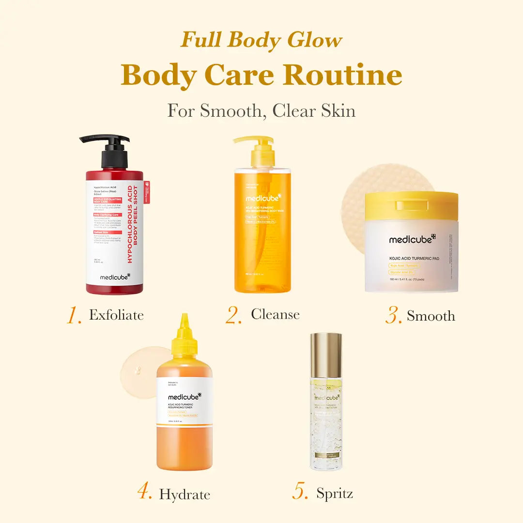 [Medicube] Smooth & Clear Body Care Set | Hypochlorous Acid Body Peel Shot, Kojic Acid Turmeric Body Wash, Toner Pad, Toner, Mist | Exfoliating for Dead Skin Cells & Excess Sebum & Clearing for after Spots, Texture & Uneven Skin Tone | K-Beauty