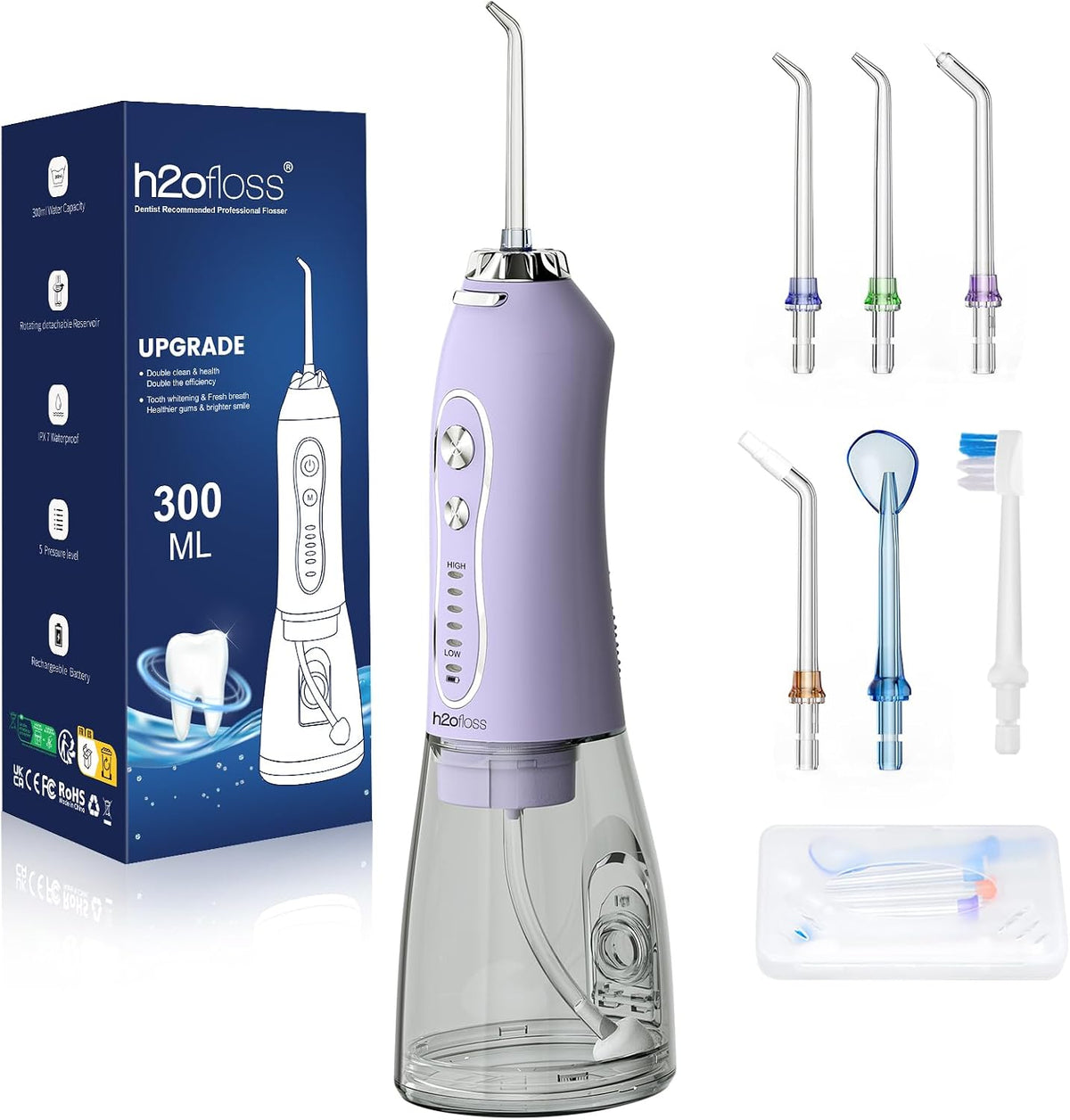 Water Dental Flosser Teeth Pick -Portable Oral Irrigator with 5 Modes, Rechargeable IPX7 Waterproof Orthodontic Teeth Cleaner Pick Cordless for Home Travel-300Ml Water Tank