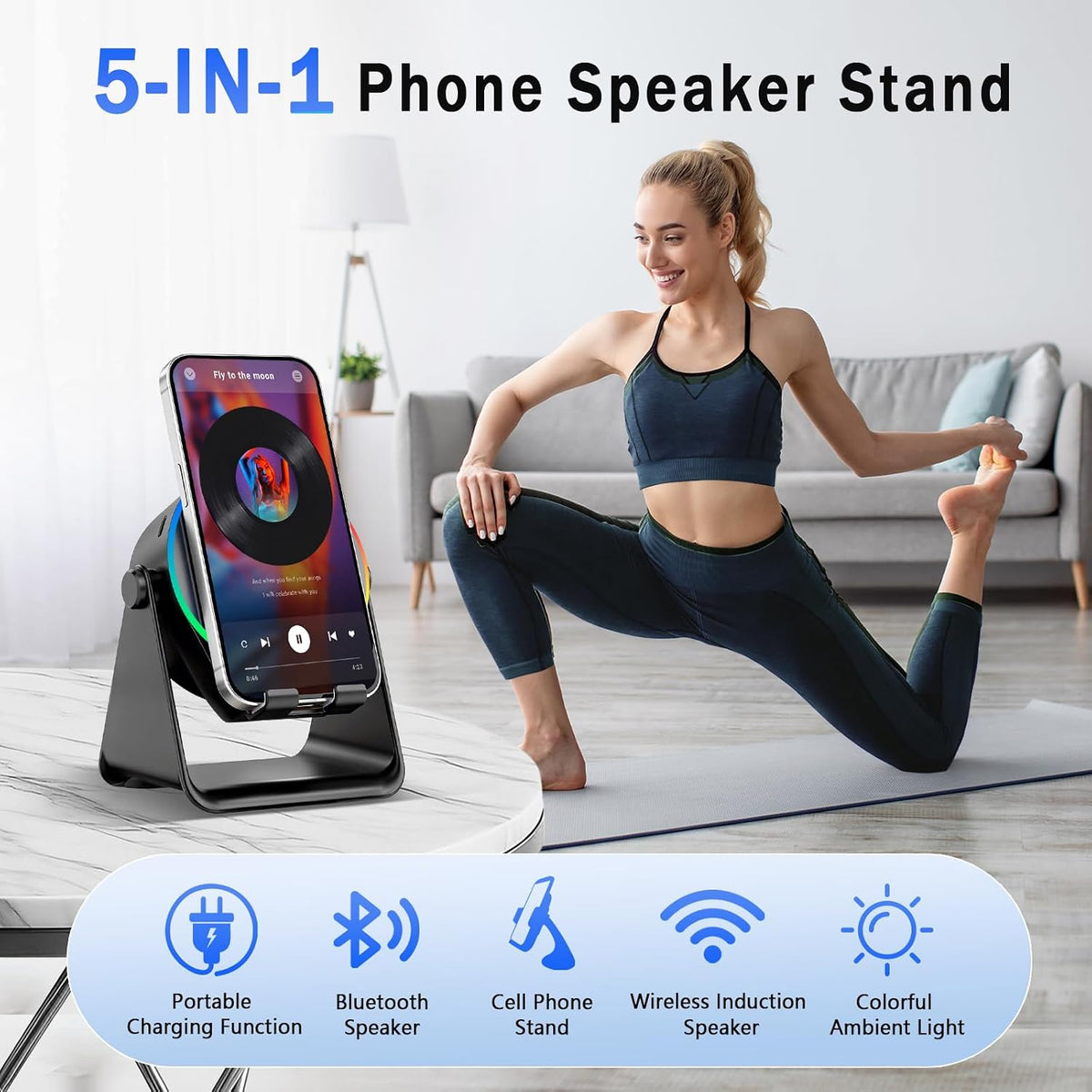 Wireless Induction Speaker, 5-In-1 Bluetooth Speaker with Phone Holder, 360° Rotation & RGB Lights