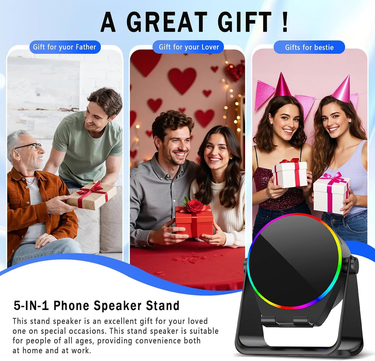 Wireless Induction Speaker, 5-In-1 Bluetooth Speaker with Phone Holder, 360° Rotation & RGB Lights
