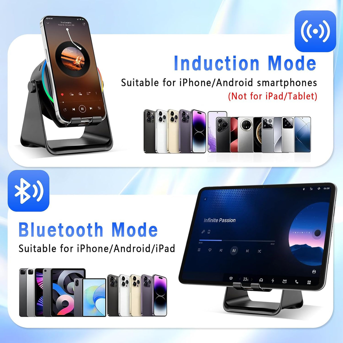 Wireless Induction Speaker, 5-In-1 Bluetooth Speaker with Phone Holder, 360° Rotation & RGB Lights