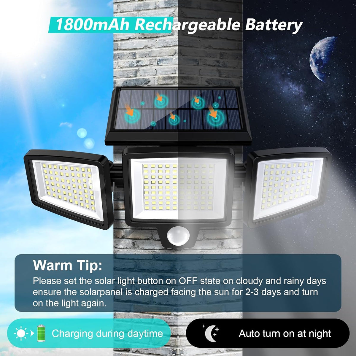 Solar Power Motion Light | 2500LM Waterproof with Remote Control for Home Security and Illumination