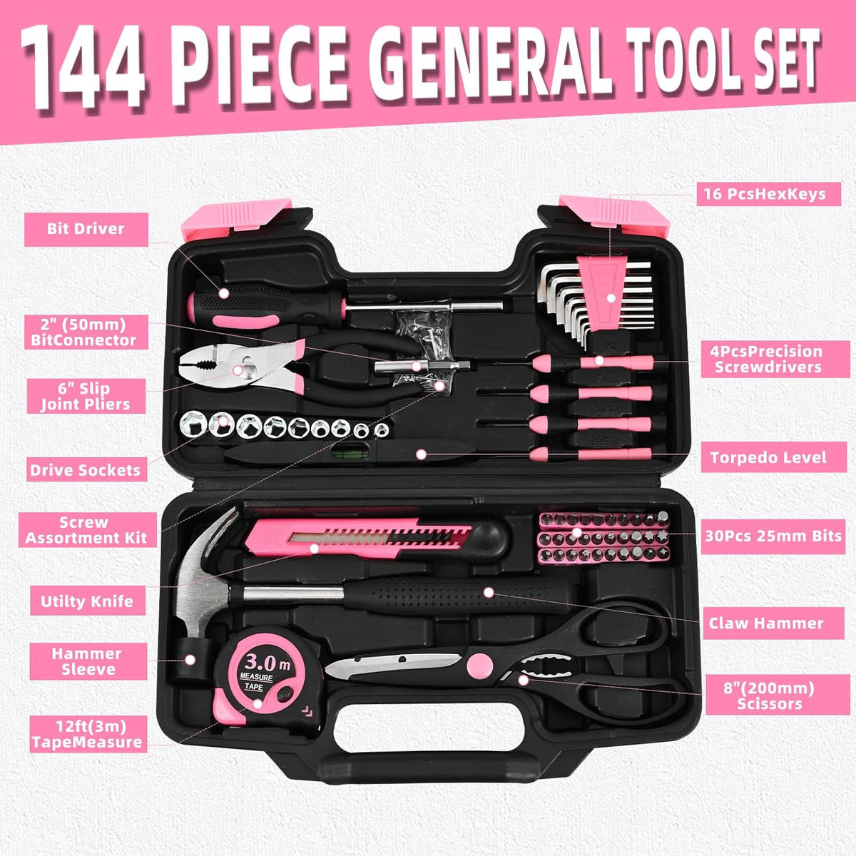144-Piece Pink Household Tool Set | Everyday Fixes in One Case