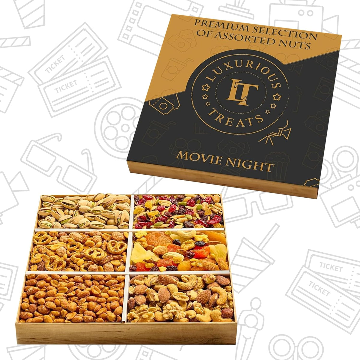 Movie Night Gift Basket - Gourmet Mixed Dried Fruit & Nuts Variety Box, Healthy Gifts Dad Men Women Fathers Day Gift Ideas