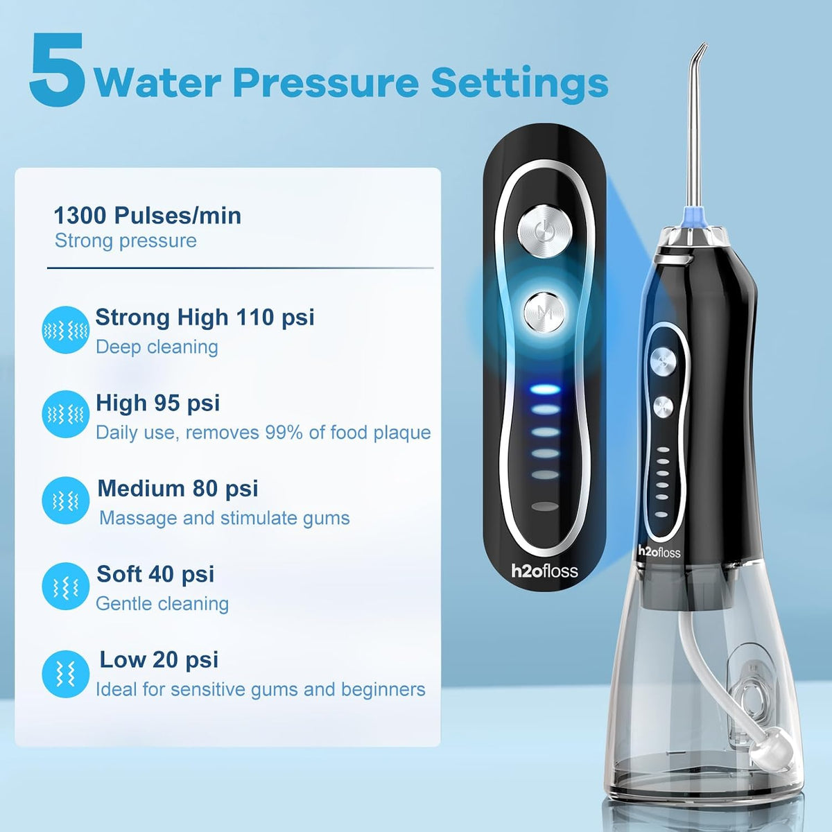 Water Dental Flosser Teeth Pick -Portable Oral Irrigator with 5 Modes, Rechargeable IPX7 Waterproof Orthodontic Teeth Cleaner Pick Cordless for Home Travel-300Ml Water Tank