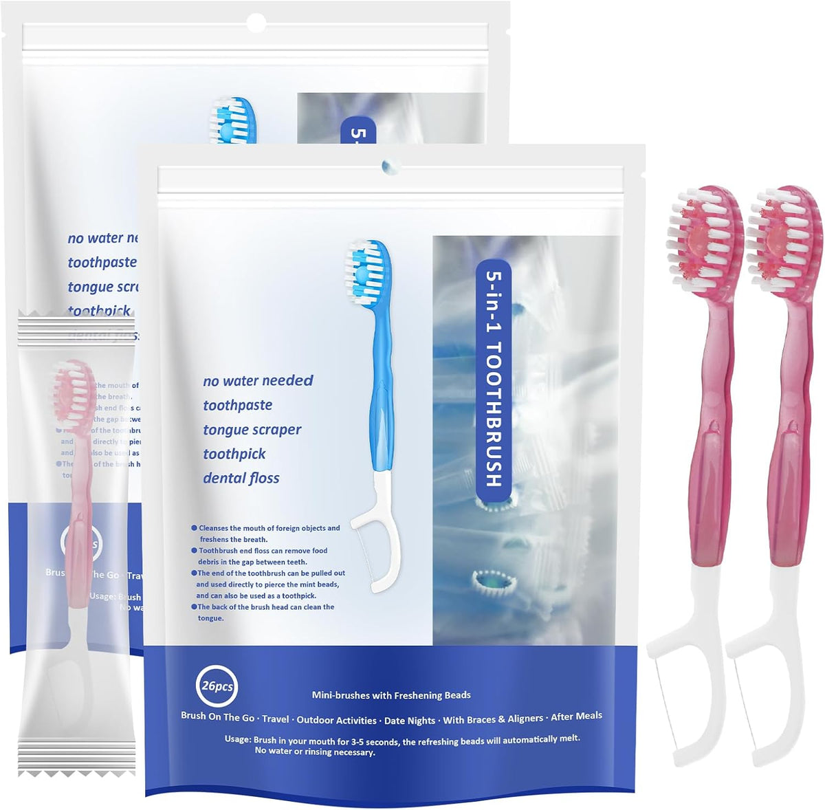 5 in 1 Mini Brushes-Disposable Toothbrushes with Toothpaste + Floss + Pick + Tongue Scraper | Travel Size | Individually Wrapped | Soft | Mint | Travel Set (Mint, 26 Pcs)