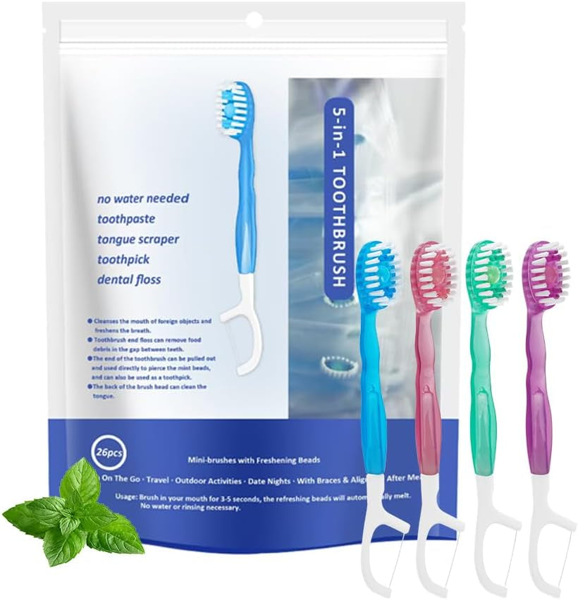 5 in 1 Mini Brushes-Disposable Toothbrushes with Toothpaste + Floss + Pick + Tongue Scraper | Travel Size | Individually Wrapped | Soft | Mint | Travel Set (Mint, 26 Pcs)