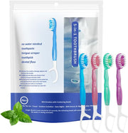 5 in 1 Mini Brushes-Disposable Toothbrushes with Toothpaste + Floss + Pick + Tongue Scraper | Travel Size | Individually Wrapped | Soft | Mint | Travel Set (Mint, 26 Pcs)