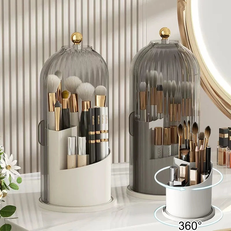 Makeup Brush Holder with Lid Clear Dustproof Make up Organizers for Vanity Bathroom Countertop 360° Rotating 