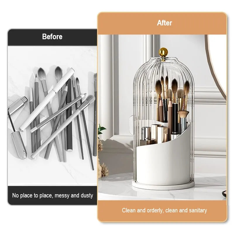 Makeup Brush Holder with Lid Clear Dustproof Make up Organizers for Vanity Bathroom Countertop 360° Rotating 