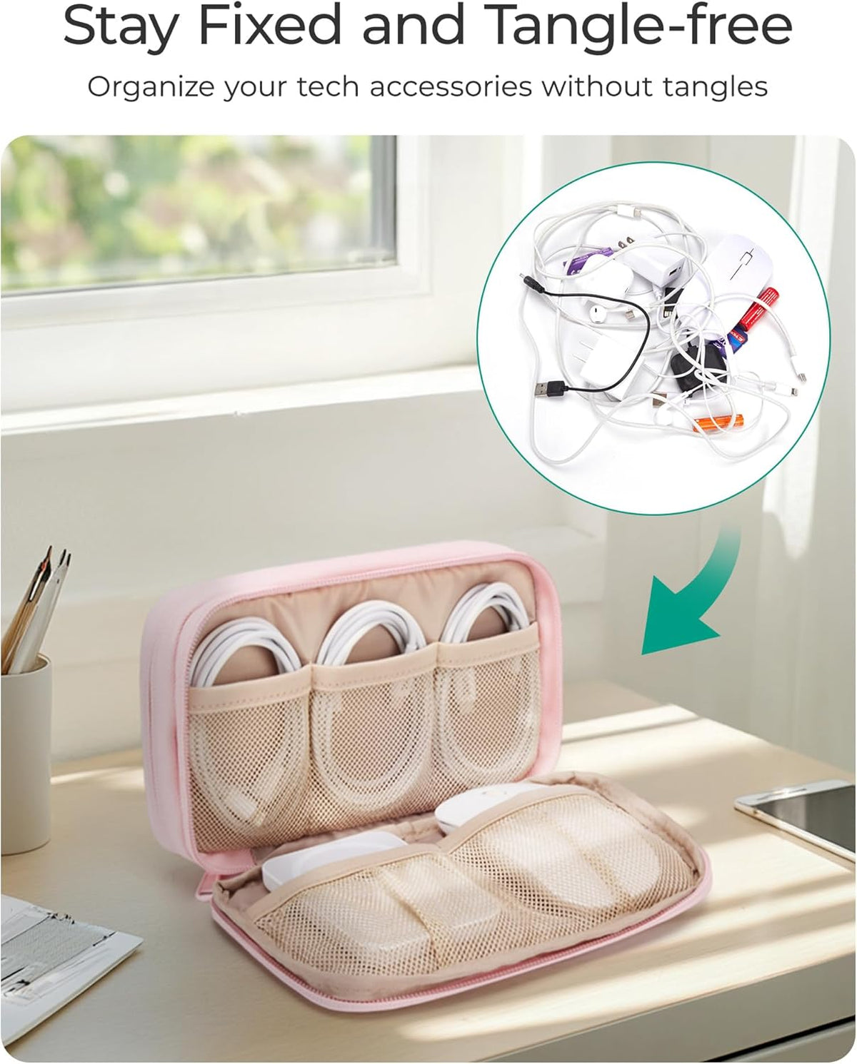 Electronics Organizer Travel Case for Cords Chargers Phones, Pink