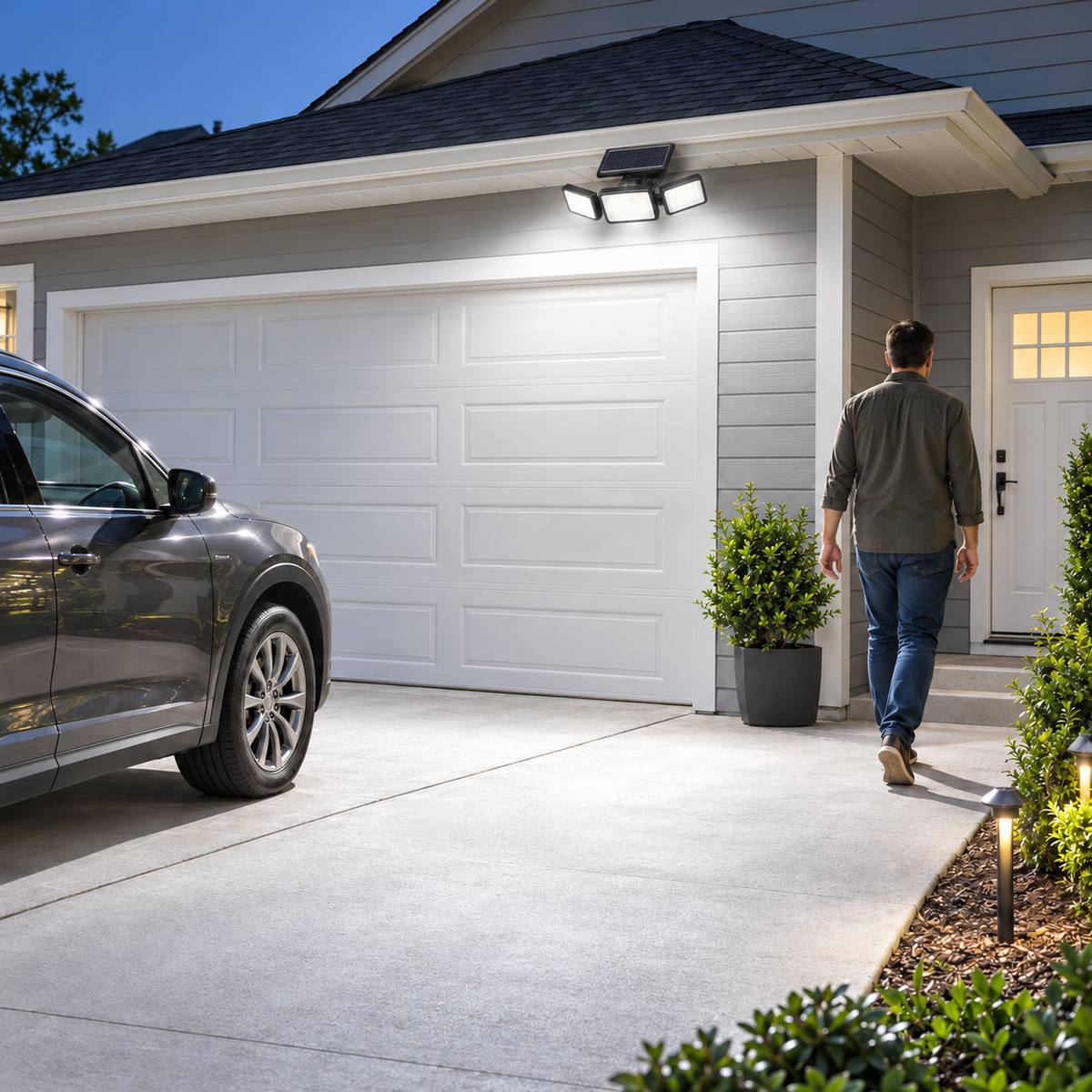 Solar motion light brightly illuminating a garage driveway approach