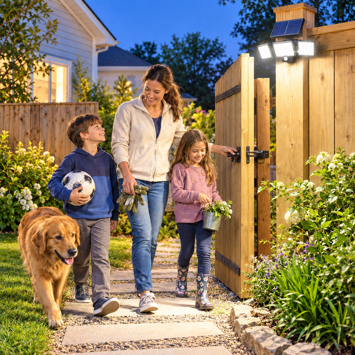 Family returning through a brightly lit garden entrance with a solar motion light