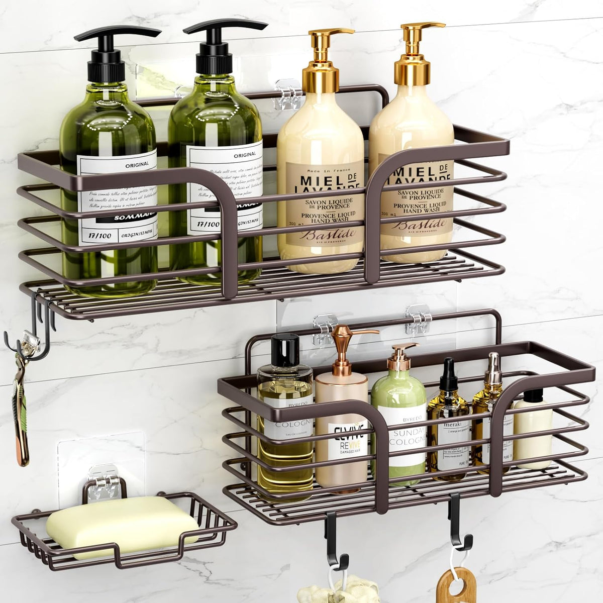 Shower Organizer with Soap Holder and Hooks for Bathroom (Black)