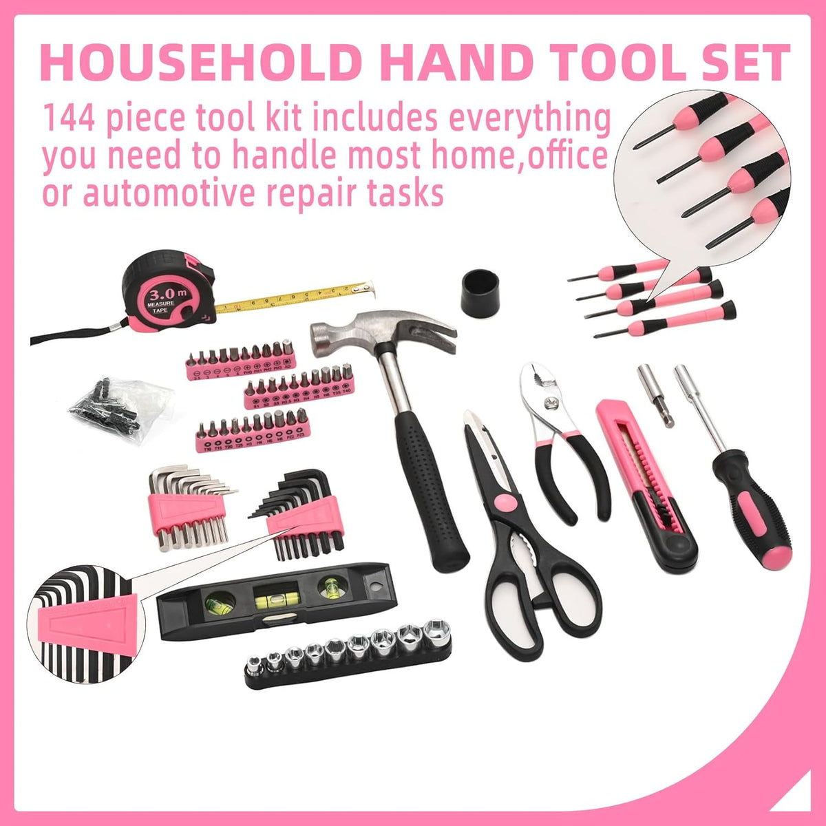 144-Piece Pink Household Tool Set | Everyday Fixes in One Case