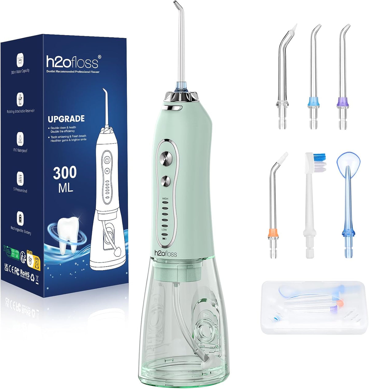 Water Dental Flosser Teeth Pick -Portable Oral Irrigator with 5 Modes, Rechargeable IPX7 Waterproof Orthodontic Teeth Cleaner Pick Cordless for Home Travel-300Ml Water Tank