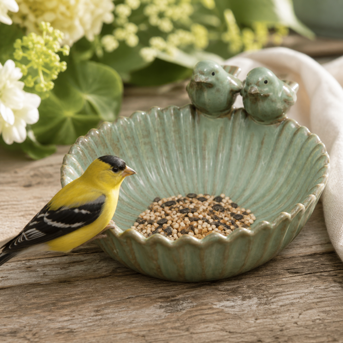 Mint green ceramic bird feeder with goldfinch in a cottage garden