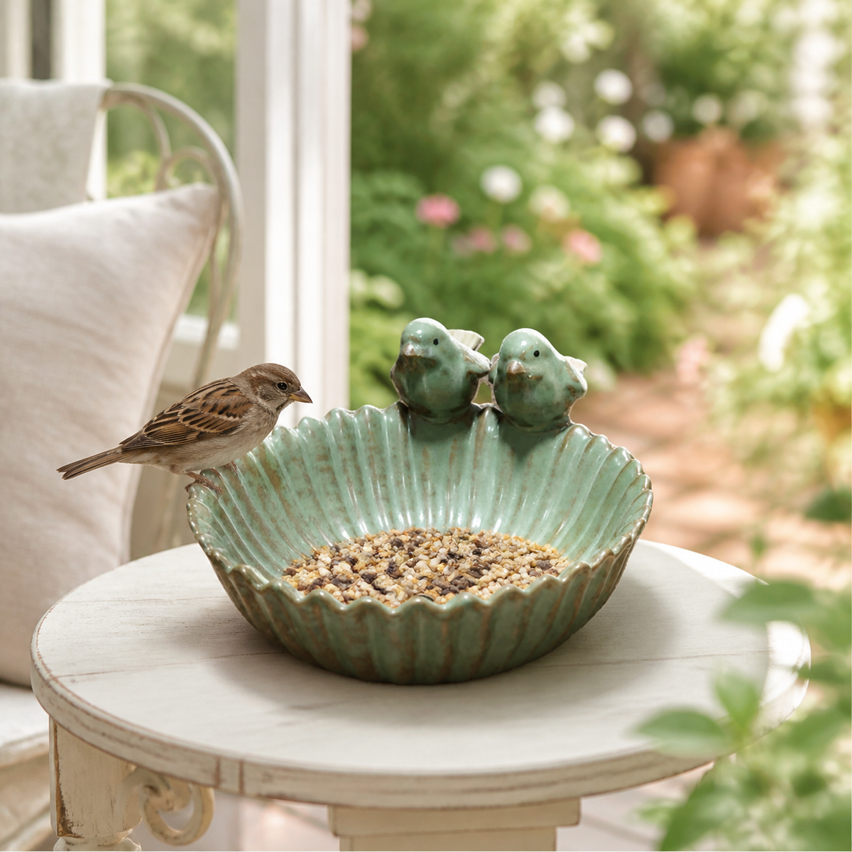 Mint green ceramic bird feeder in a bright garden patio setting